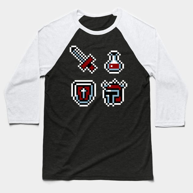 8bit Adventure Items Baseball T-Shirt by PXLFLX